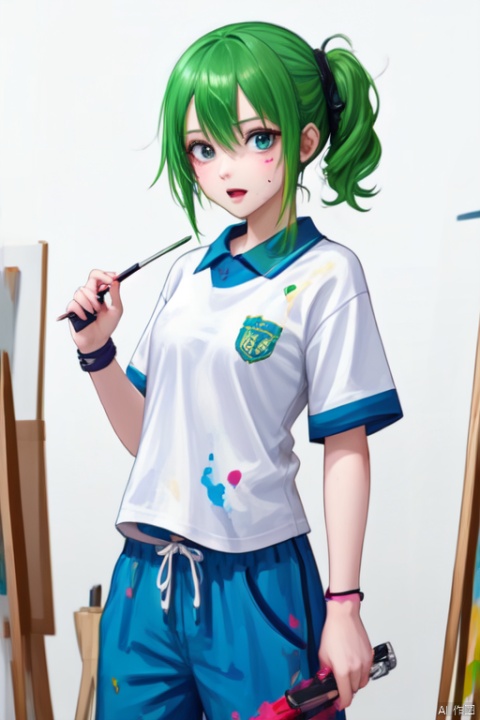  1girl, solo, green hair, standing, smile, open mouth, orange and purple paint splatter on shirt, paint, (paint splatter on face), blue pants, cowboy_shot, CHN_school_uniform ,chinese_school_uniform, alina gray, blunt ends,single hair ring,small breasts, hair rings,wristband, [[paintbrush]],  paint, painting \(action\), palette \(object\), canvas \(object\), easel,  dark indoors,