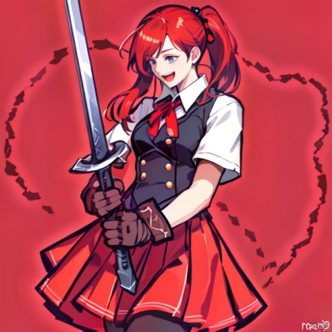 1girl, solo, long hair, smile, open mouth, skirt, simple background, shirt, gloves, ribbon, holding, school uniform, ponytail, weapon, short sleeves, pantyhose, red hair, pleated skirt, sword, holding weapon, vest, red skirt, holding sword, red background, brown gloves