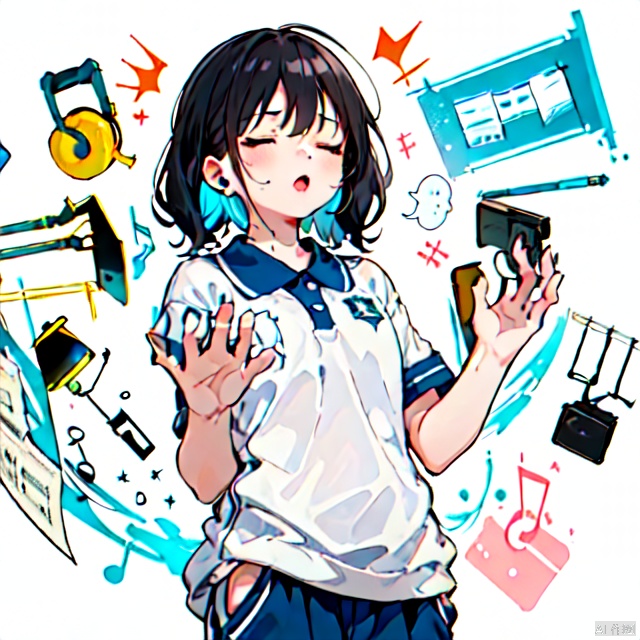  1girl, solo, listening music, closed_eyes, arm_raised, back of hand, standing, long black hair, blue pants, cowboy_shot, white_background, CHN_school_uniform ,chinese_school_uniform, musical_notes, earbud chord, [earphone], 