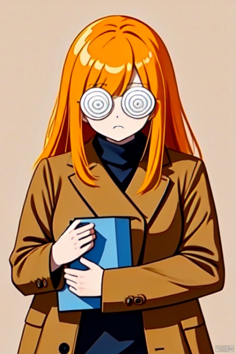  1girl, ((@@_glasses)), ((@ @)), opaque glasses, solo, orange long hair, cowboy_shot, brown overcoat, frown, holding book, simple_background,,,<lora:660447313082219790:1.0>