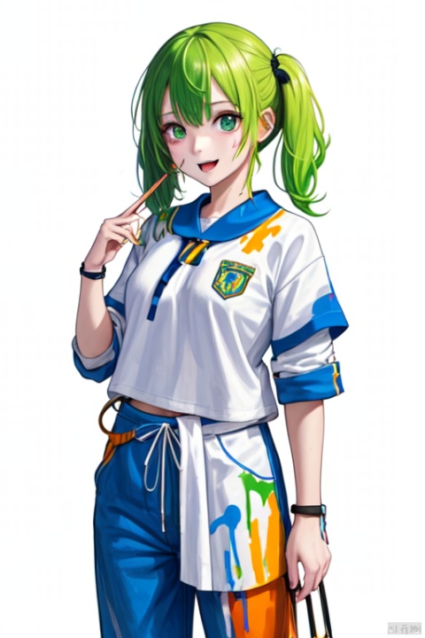 1girl, solo, green hair, standing, smile, open mouth, orange and purple paint splatter, paint, (paint splatter on face), hand_on_face, blue pants, cowboy_shot, white_background, CHN_school_uniform ,chinese_school_uniform, alina gray, blunt ends,single hair ring,small breasts, hair rings,wristband, [[paintbrush]],  paint, painting \(action\), palette \(object\), canvas \(object\), easel