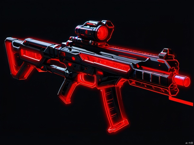  still life, futuristic black and red assault rifle, weapon design, sci-fi, red neon lights, no human, white background, simple background, sketch,