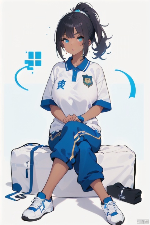  1girl, solo, black_hair, high_ponytail, sitting, brown_skin, dark_skinned_female, crossed_legs_(sitting), blue baggy pants, CHN_school_uniform, Chinese_school_uniform, white sneakers, large_breasts, muscular_female, coach, clothes_dentation,