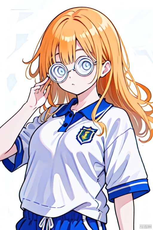  1girl, ((@@_glasses)), ((@ @)), white eyes, solo, school_uniform, orange long hair, CHN_school_uniform, chinese_school_uniform, track pants, polo shirt,,<lora:660447313082219790:1.0>