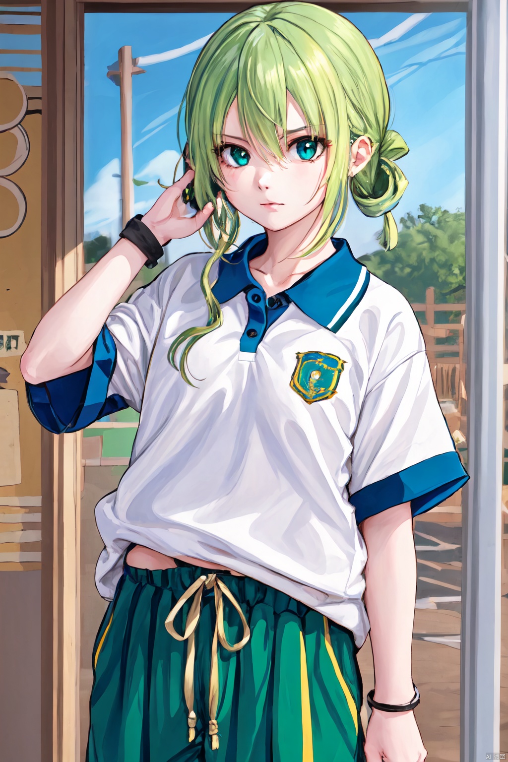  1girl, solo, green hair, standing, smirk, curious, one_hand_raised, hand_on_head, blue pants, cowboy_shot, CHN_school_uniform ,chinese_school_uniform, alina gray, blunt ends,single hair ring,small breasts, hair rings,blush,wristband, (art classroom), indoors, easel, hand on own face
