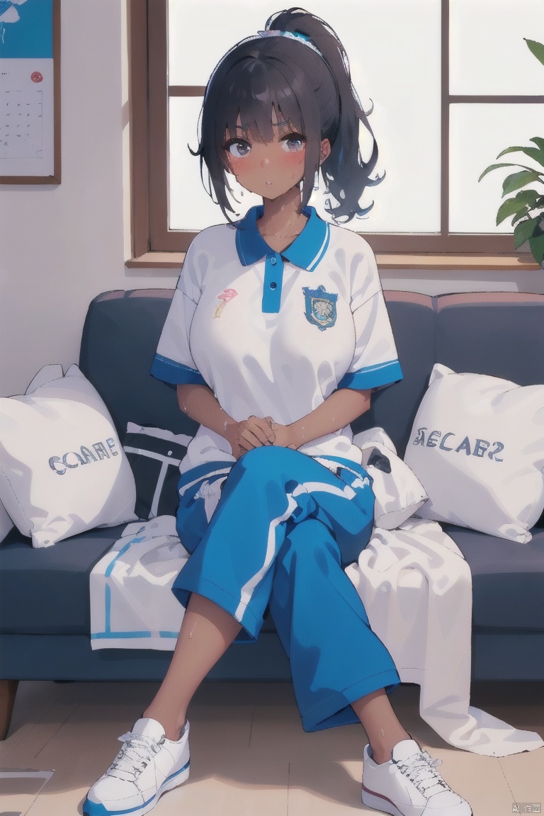  1girl, solo, confused_look, black_hair, high_ponytail, sitting, brown_skin, dark_skinned_female, crossed_legs_(sitting), blue baggy pants, CHN_school_uniform, Chinese_school_uniform, white sneakers, large_breasts, muscular_female, sofa, coach, clothes_dentation, window, indoors, sweat, blush, from_below,