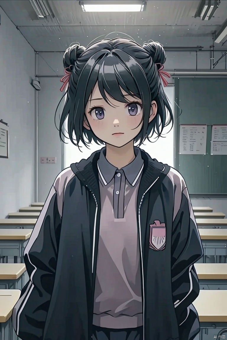  mS Uniform, mS Uniform jacket,1girl,solo, cowboy_shot, short hair, looking at viewer, black hair, unease, open clothes, classroom, kuroe (madoka magica), hair bun, red hairband, dot nose, closed mouth, sidelocks,