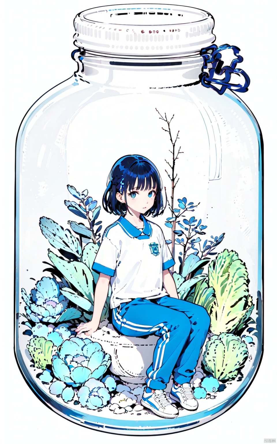  flat illustration style, minigirl, mini girl, 1girl in a jar, jar, simple background, full body, (cabbage) jar, flowers, sitting, CHN_school_uniform, Chinese_school_uniform, blue pants, world in a bottle, black hair, white sneakers, line art, phgls, in container,