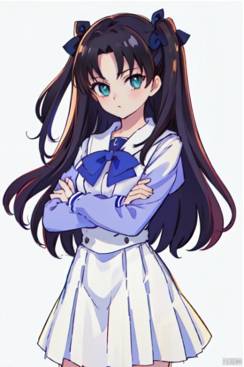  Noble_Academia_uniform,1girl, solo, looking at viewer, cowboy_shot, simple background, white background, tohsaka_rin, two_side_up, crossed_arms, 