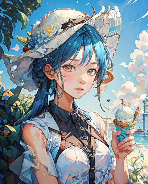  ,midjourney portrait,flower,,1girl,The summer is hot, and you are so sweet,White dress,Ice cream,Sun hat,bj_Alice,high_resolutioh,mammal_(speciesm,kantai_collection