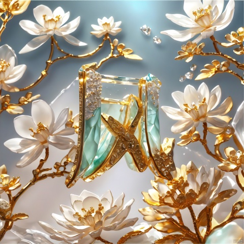 Transparent jewelry,Surround gold decorative flowers,Jewelry Design,Digital Art,3D Sculpture,Ray Tracing,Jewelry,flower,jade,(glaze),glass,translucent,(Chinese landscape painting background :1),(ceramic :1),transparent quartz crystal,ice silk fiber,(tmasterpiece:1),(Final quality:1).no one, 3d style, 1girl
