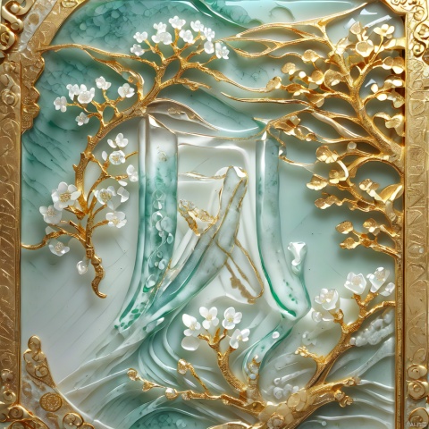 Transparent jewelry,Surround gold decorative flowers,Jewelry Design,Digital Art,3D Sculpture,Ray Tracing,Jewelry,flower,jade,(glaze),glass,translucent,(Chinese landscape painting background :1),(ceramic :1),transparent quartz crystal,ice silk fiber,(tmasterpiece:1),(Final quality:1).no one, 3d style, 1girl, Jade Maiden