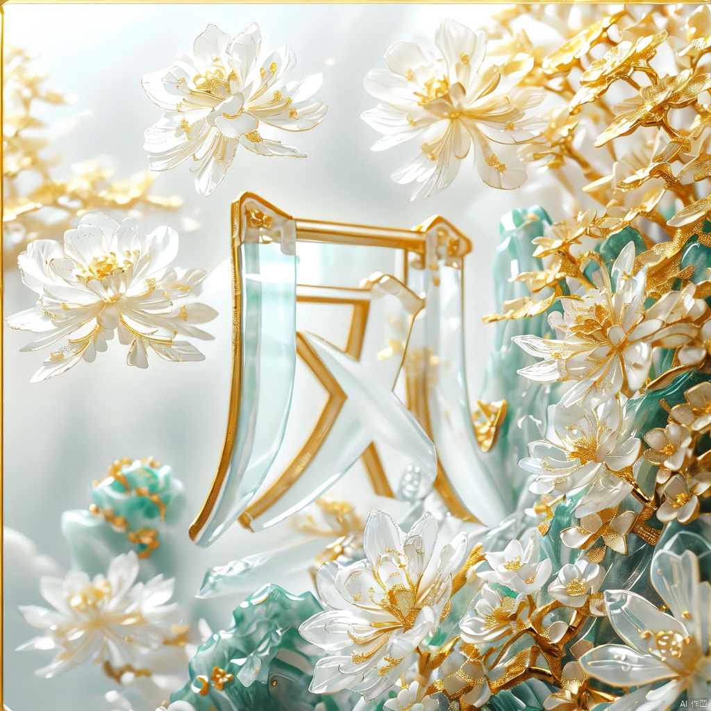 Transparent jewelry,Surround gold decorative flowers,Jewelry Design,Digital Art,3D Sculpture,Ray Tracing,Jewelry,flower,jade,(glaze),glass,translucent,(Chinese landscape painting background :1),(ceramic :1),transparent quartz crystal,ice silk fiber,(tmasterpiece:1),(Final quality:1).no one, 3d style, 1girl