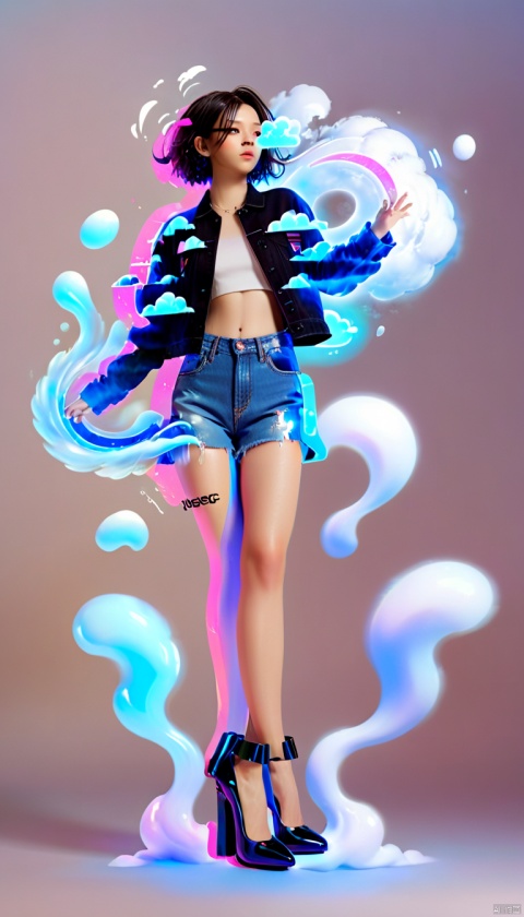 Cyberpunk, Mechanical Girl, Laser Shadow,Animated Spliced Reality,Photorealistic chibi art style,a beautiful woman in jeans and high heels,artistic,artist,simple volumtric light background,swirling clouds,ColorART,many cute ghosts with tongues out,chibi, Animated Spliced Reality, bailing_glitch_effect