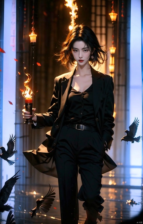  A Korean woman, wearing a suit jacket, V-neck black shirt, black short hair, game style, full body photo, heroic short hair, 3D, 25 years old, thinking about horrific details, magic flame floating in the right hand, magic style, Asian girl, realistic
