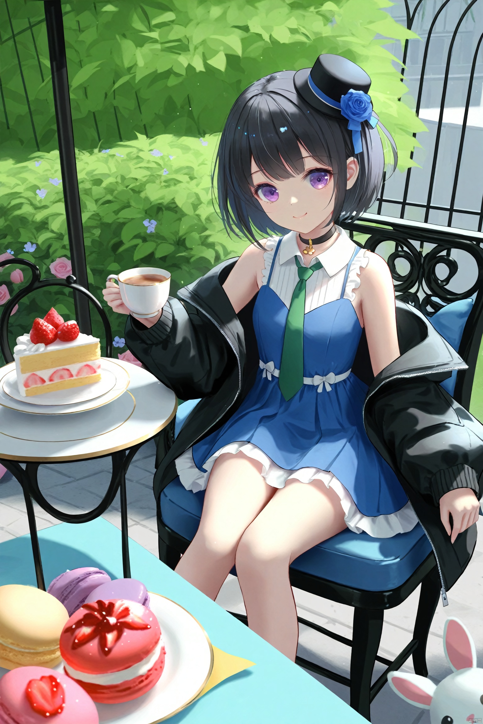 masterpiece,best quality,high quality,(colorful),[Artist miwano rag],[Artist wlop],[Artist chen bin],loli,nai3 Style, 1girl, cup, holding, necktie, dress, hat, food, looking at viewer, smile, sitting, blue dress, jacket, choker, sleeveless, off shoulder, purple eyes, solo, short hair, black choker, black jacket, hair ornament, black hair, holding cup, flower, outdoors, bare shoulders, rabbit, green necktie, mini hat, tiered tray, sleeveless dress, black headwear, table, chair, closed mouth, day, rose, shirt, macaron, open jacket, open clothes, teacup, long sleeves, cake, white shirt