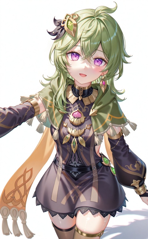 masterpiece,highres,absurdres,newest,best quality,high quality,chromatic_aberration,shiny_skin,
//,
collei \(genshin impact\), 1girl, green hair, purple eyes, dress, thighhighs, vision \(genshin impact\), open mouth, blush, looking at viewer, green capelet, capelet, white background, smile, jewelry, hair ornament, black dress, solo, earrings, detached sleeves, simple background, hair between eyes, long sleeves, brown thighhighs, crossed bangs, ahoge
//,
(chen bin:0.5),konya666,(hiten \(hitenkei\):0.4),(rimuu:0.5),(mignon:0.5),(sheya:0.6),[iumu],
//,
official art,depth of field,detailed light,blurry background,best shadow,shiny skin,cinematic lighting,ray tracing,amazing quality,very aesthetic,absurdres,beast quality,ultra detailed,newest,8K,HDR,