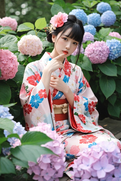  masterpiece,best quality,Realism,depth of field,lens_flare,loli,1girl, flower, solo, black hair, hair ornament, japanese clothes, hair flower, kimono, hydrangea, blurry, finger to mouth, floral print, looking to the side, depth of field, wide sleeves, animal print, pink flower, sash, realistic, leaf, black eyes, long sleeves, makeup, obi, red lips, blurry foreground, print kimono, blurry background, lipstick, lips, braid, sitting, long hair, nail polish, blunt bangs, brown eyes, closed mouth, bird print