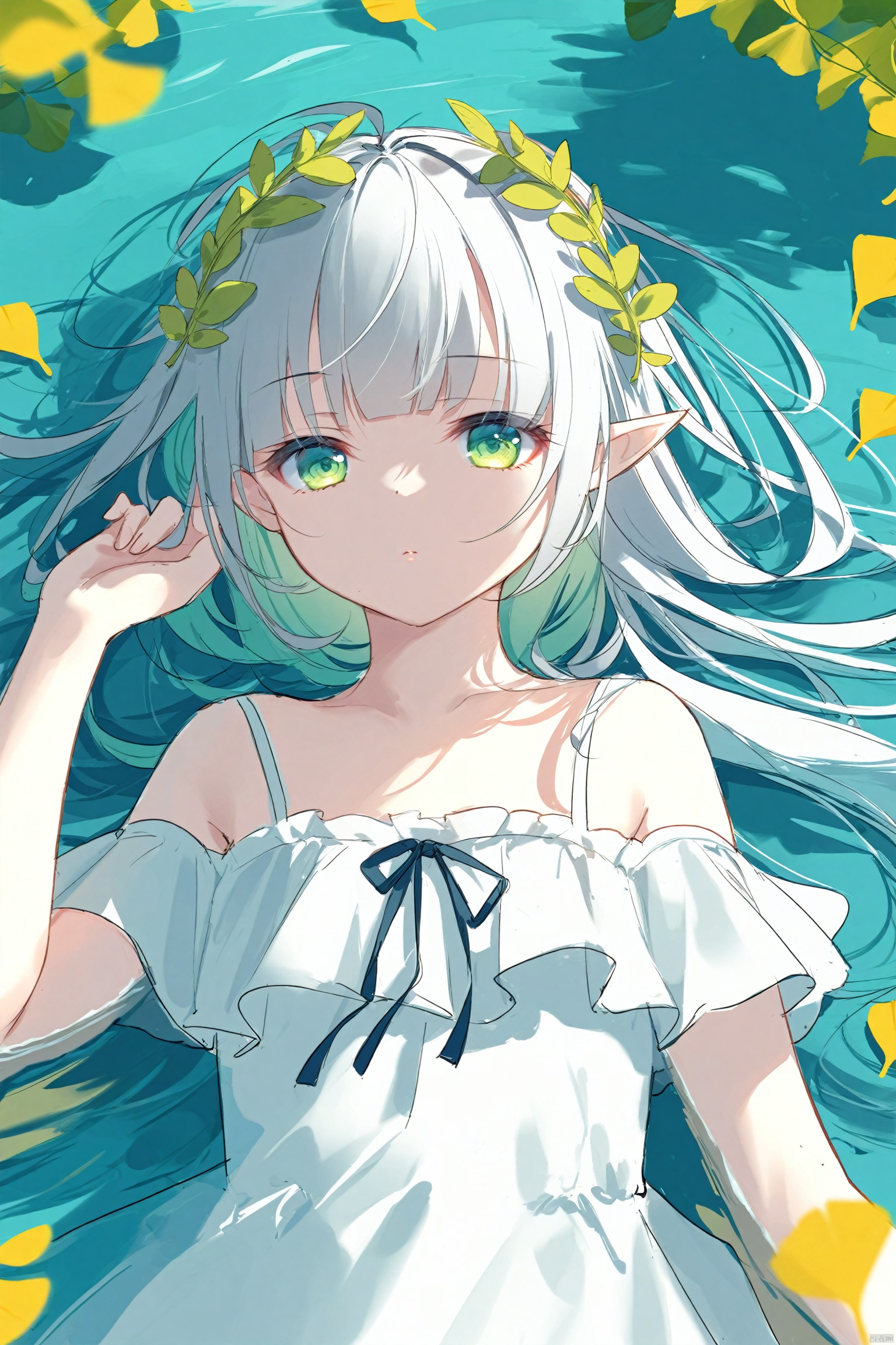 masterpiece,best quality,high quality,(colorful),[Artist miwano rag],[Artist toosaka asagi],[Artist wlop],[Artist chen bin],loli,sketch,traditional_media,1girl,solo,elf,green eyes,silver hair,green gradient hair,(long hair),blunt bangs,white dress,off-shoulder,laurel wreath,(upper body),expressionless,half-closed eyes,close-up,looking at viewer,(chibi:0.1),lying,on back,in water,gingko leaf,meadow,from above,masterpiece,bestquality,line art,