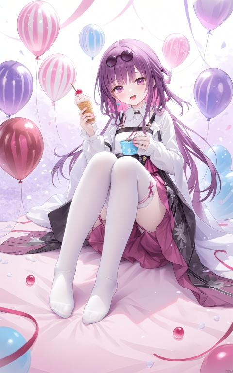  (masterpiece), (best quality), illustration, ultra detailed, hdr, Depth of field, (colorful),loli,1girl, solo, Kafka,(Star Rail),Purple eyes, purple hair,open her mouth,smile,a happy laugh,white silk stockings,full-body lens,Sit on the ground, raise her feet,Keep her feet together,long hair,Transparent white socks,nice socks, nice toes,Little feet,Pink theme background, ice cream, balloons, kafuka