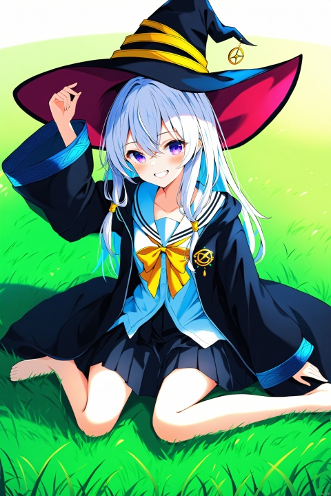 (masterpiece),(best quality),illustration,ultra detailed,hdr,Depth of field,(colorful),nai3 Style, 1girl, elaina (majo no tabitabi), solo, hat, witch hat, long hair, skirt, black headwear, smile, white hair, sailor collar, shirt, pleated skirt, blue eyes, long sleeves, hair between eyes, hand on headwear, sitting, white shirt, looking at viewer, bow, blush, robe, black robe, black skirt, open robe, white background, white sailor collar, purple eyes, grin, yellow bow, school uniform, bowtie, open clothes, grass, black coat