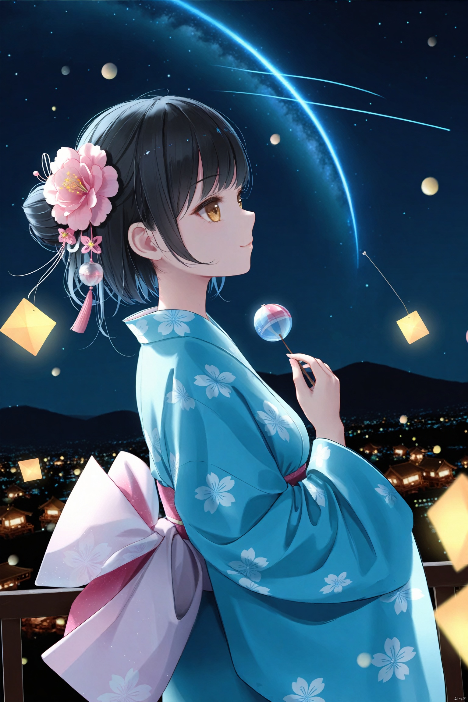 masterpiece,best quality,high quality,(colorful),[Artist miwano rag],[Artist wlop],[Artist chen bin],loli,nai3 Style, 1girl, looking up, japanese clothes, solo, kimono, star (sky), sky, hair ornament, short hair, night, starry sky, flower, hair flower, night sky, sash, obi, black hair, hand fan, smile, paper fan, wind chime, yukata, tanabata, uchiwa, blue kimono, profile, upper body, shooting star, pink flower, from side, milky way, brown eyes, outdoors, closed mouth, star (symbol)