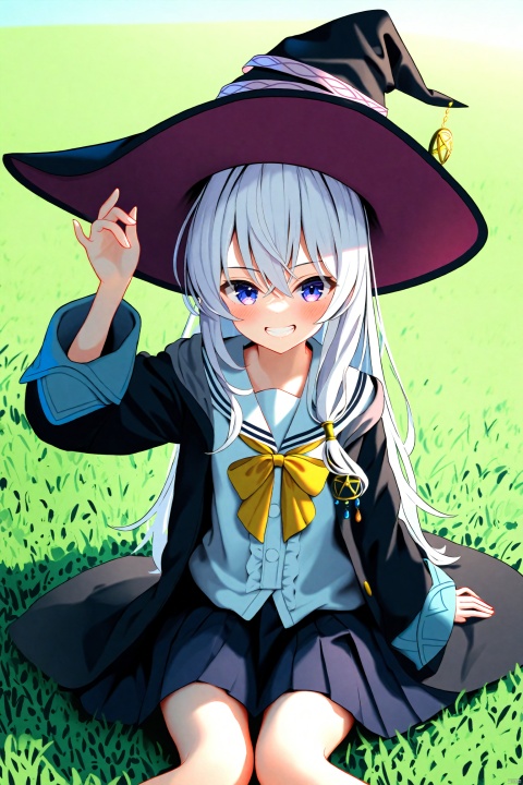(masterpiece),(best quality),illustration,ultra detailed,hdr,Depth of field,(colorful),nai3 Style,1girl,elaina (majo no tabitabi),solo,hat,witch hat,long hair,skirt,black headwear,smile,white hair,sailor collar,shirt,pleated skirt,blue eyes,long sleeves,hair between eyes,hand on headwear,sitting,white shirt,looking at viewer,bow,blush,robe,black robe,black skirt,open robe,white background,white sailor collar,purple eyes,grin,yellow bow,school uniform,bowtie,open clothes,grass,black coat,