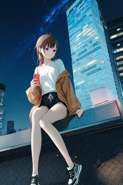 masterpiece,best quality,high quality,(colorful),[Artist toosaka asagi],[[[Artist wlop]]],[Artist chen bin],[Artist omone hokoma agm],Artist hiten (hitenkei),1girl,solo,night,phone,sky,earphones,shorts,outdoors,long hair,building,sitting,shoes,cellphone,holding,holding phone,night sky,shirt,jacket,sneakers,star (sky),white shirt,smartphone,bare legs,starry sky,brown hair,bag,city,long sleeves,open clothes,off shoulder,closed mouth,earbuds,black shorts,short shorts,red eyes,floating hair,brown eyes,brown jacket,open jack