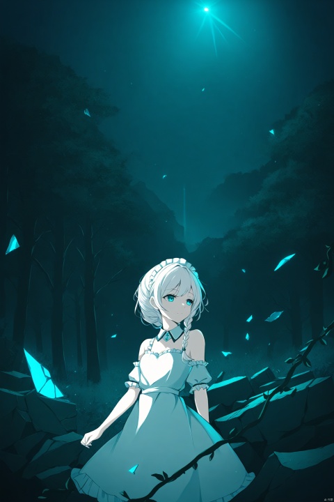 (masterpiece), (best quality), loli,late at night,dark, dark, , (detailed light), dark,an acacia,cassie ,sponge-tree,vines, forest, ruins, Blurred picture, lens flare, hdr, 1girl,broken glass, broken wall, aqua theme, white hair, blinking, white dress, closed mouth, constel lation, flat color, noline art, white hair, braid, blinking,maid, detached collar, bare shoulders