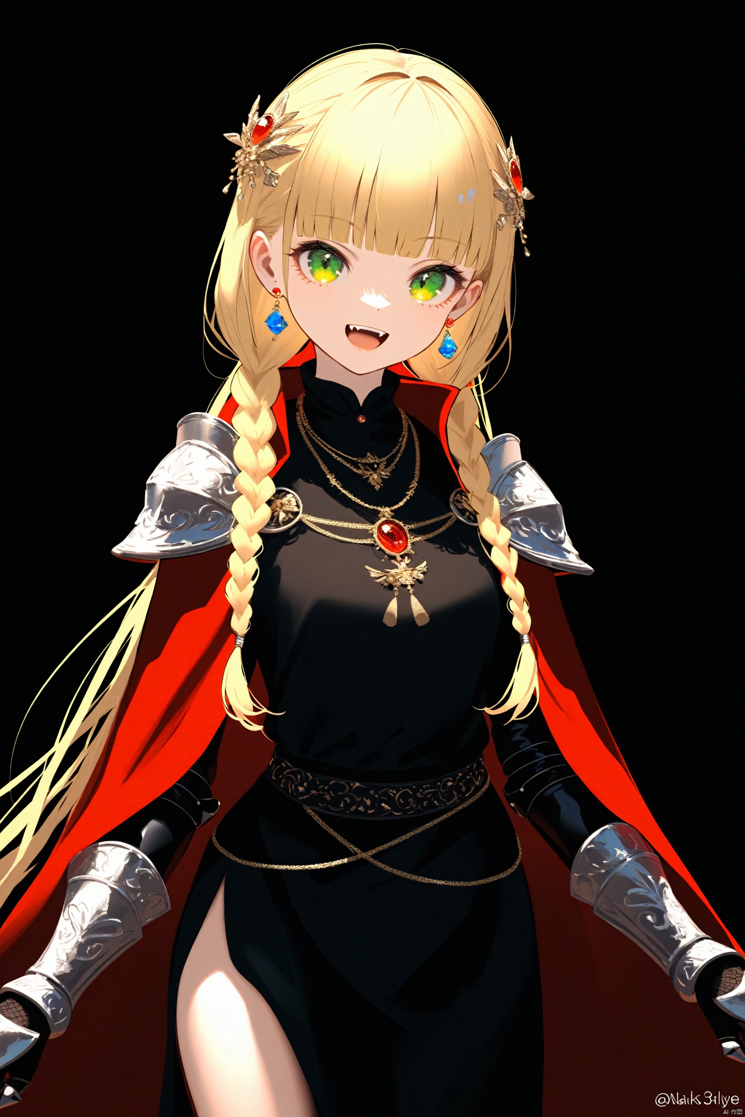 masterpiece,best quality,high quality,(colorful),loli,nai3 Style, 1girl, long hair, solo, green eyes, braid, blonde hair, black background, dress, gauntlets, looking at viewer, armor, open mouth, black dress, smile, shoulder armor, jewelry, cape, hair ornament, blunt bangs, very long hair, teeth, necklace, pauldrons, twin braids, :d, red cape, side slit, earrings, artist name, simple background, upper teeth only, fangs, standing, breasts, cowboy shot