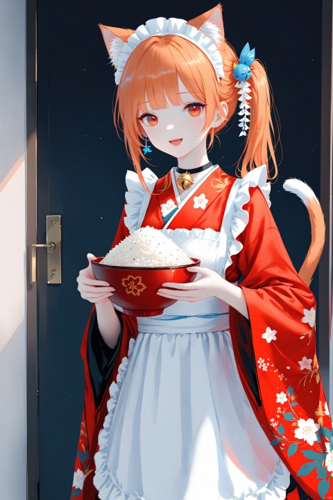 (masterpiece), (best quality), illustration, ultra detailed, hdr, Depth of field, (colorful),[Artist:wlop],[[Artist:sheya]],Artist:hiten_(hitenkei),1girl, animal ears, solo, cat ears, tail, cat tail, wa maid, frills, kimono, japanese clothes, bowl, apron, holding, smile, cat girl, rice bowl, holding bowl, white apron, maid headdress, bell, looking at viewer, frilled apron, long hair, maid, orange hair, open mouth, animal ear fluff, wide sleeves, hair ornament, maid apron, rice, orange eyes, jewelry, neck bell, red kimono, :d, side ponytail, blush, long sleeves, ribbon, chain, collar, jingle bell, fish hair ornament, food, choker, shamoji, red eyes