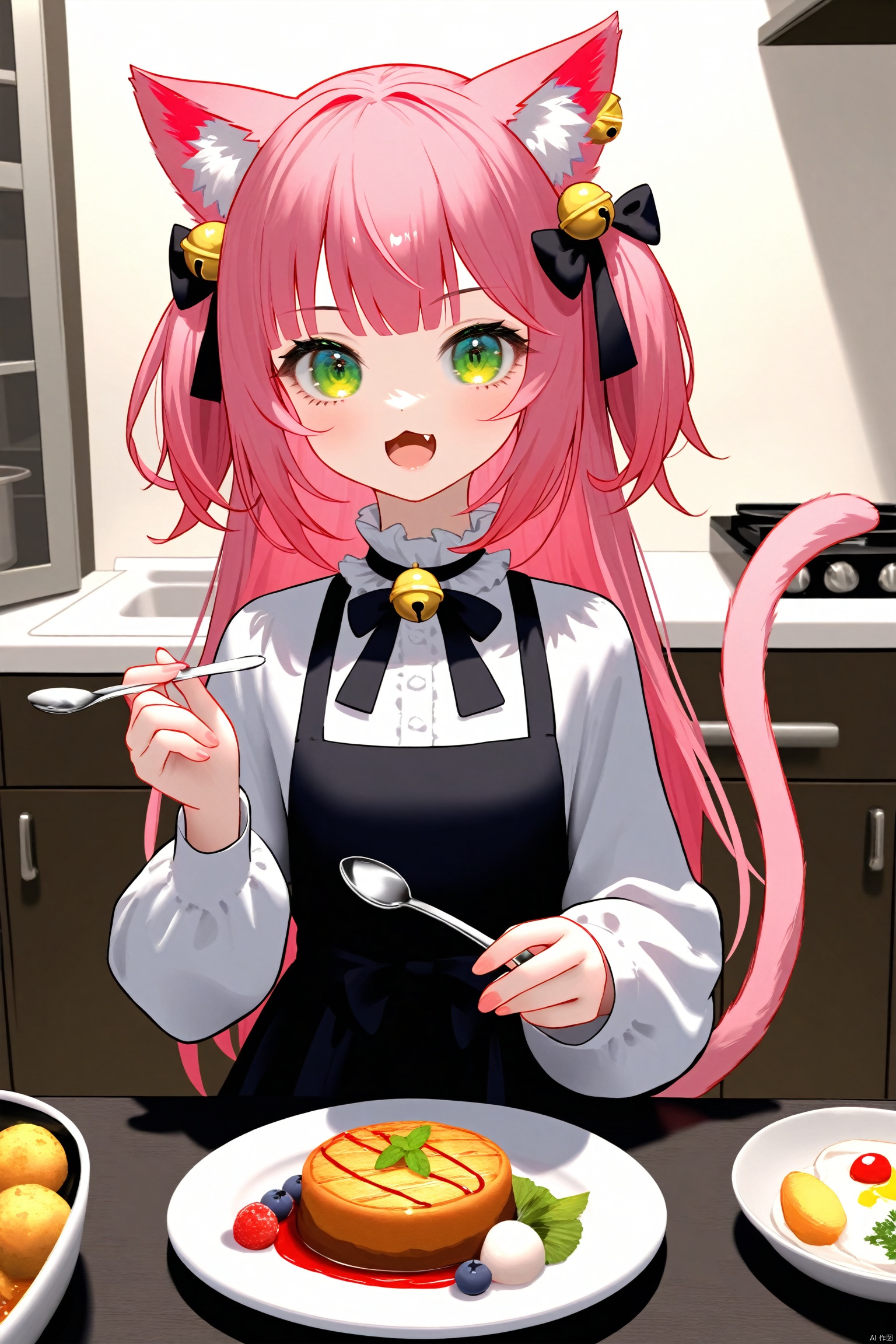masterpiece,best quality,high quality,(colorful),loli,nai3 Style, 1girl, animal ears, green eyes, cat ears, pink hair, solo, bell, long hair, holding, open mouth, cat girl, tail, hair ornament, cat tail, hair bell, plate, shirt, dress, food, long sleeves, spoon, jingle bell, fang, bow, white shirt, animal ear fluff, black dress, indoors, kitchen, looking at viewer, black bow, holding spoon, hair bow, ribbon, holding plate, sleeveless dress, neck ribbon