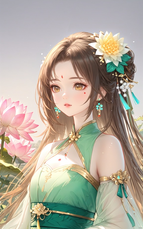  (masterpiece), (best quality), illustration, ultra detailed, hdr, Depth of field, (colorful),1girl, forehead mark, flower, hair ornament, long hair, facial mark, dress, jewelry, brown hair, solo, hair flower, chinese clothes, lotus, green dress, bracelet, upper body, ribbon, earrings, bare shoulders, sash, looking to the side
