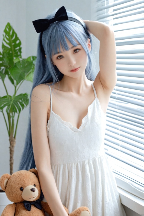  masterpiece,best quality,Realism,depth of field,lens_flare,loli,1girl, long hair, solo, stuffed animal, stuffed toy, hair bow, bow, black bow, teddy bear, looking at viewer, dress, white dress, indoors, realistic, hairband, plant, smile, window blinds, grey eyes, blunt bangs, blue hair, breasts, collarbone, closed mouth, very long hair, bare shoulders, grey hair, lips, window, sleeveless dress, small breasts, black hairband, hand on own head, potted plant, spaghetti strap, brown eyes, sleeveless, cleavage, blurry, day, upper body