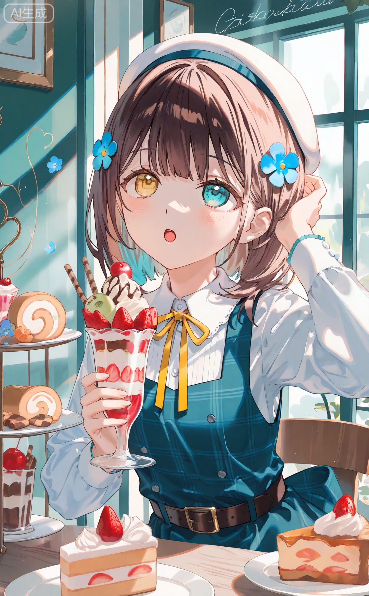 masterpiece,highres,absurdres,newest,best quality,high quality,chromatic_aberration,shiny_skin,
//,
pie, 1girl, heterochromia, food, flower, holding, solo, parfait, ice cream, cake, hair flower, sundae, hair ornament, dessert, brown hair, yellow ribbon, dress, open mouth, swiss roll, shirt, neck ribbon, wafer stick, short hair, green eyes, hat, cup, long sleeves, pinafore dress, holding cup, white shirt, ribbon, blue flower, cafe, whipped cream, holding spoon, white headwear, yellow eyes, watermark, cake slice, multicolored hair, green dress, beret, spoon, collared shirt, tiered tray, blue eyes, fruit, plate, looking up, aqua eyes, indoors, cookie, blue dress, arm up, table, upper body, medium hair, blurry, belt, pancake, sweets
//,
(ciloranko:0.9),(wanke:0.5),(umehara_sei:1.2),(shiina_1001:0.8),(chiu538:0.7),(sakura_(39ra):0.6),(qizhu:0.88),(mikisai:0.5),kinako_(shiratama_mochi),