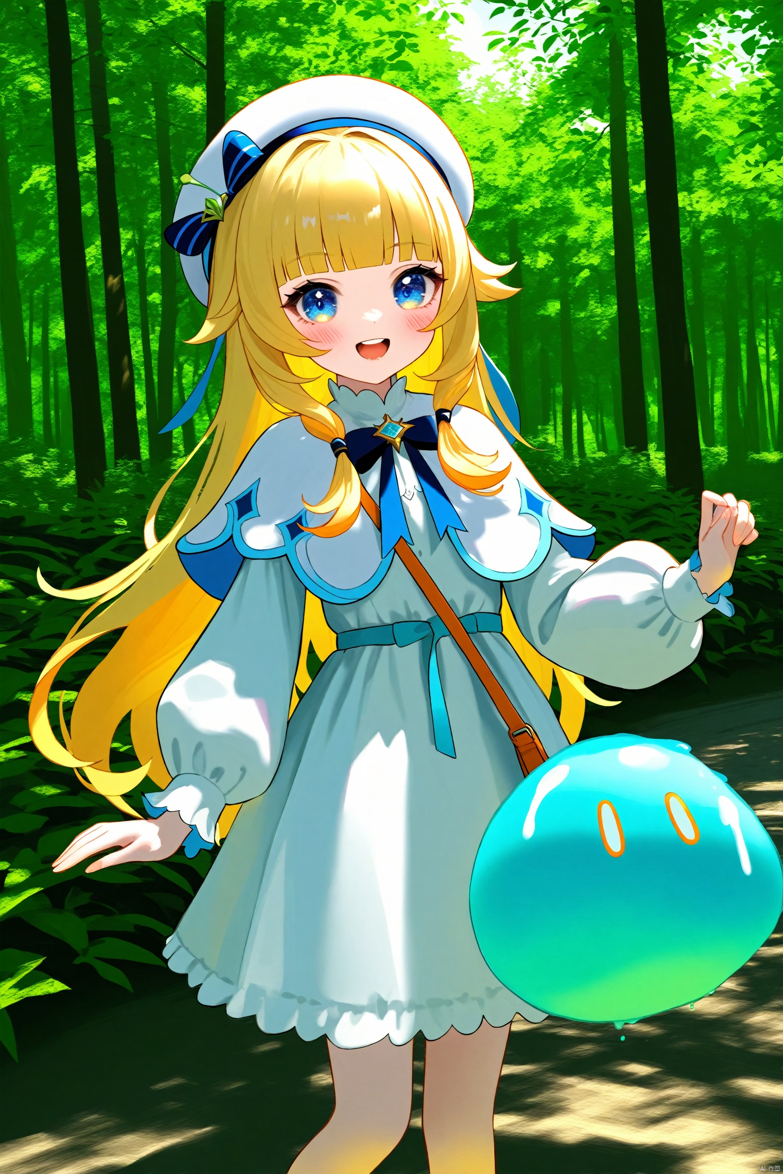masterpiece,best quality,high quality,(colorful),loli,nai3 Style, 1girl, outdoors, long hair, blonde hair, blue eyes, smile, looking at viewer, dress, white dress, hat, open mouth, bag, nature, white headwear, slime (creature), tree, solo, blush, long sleeves, capelet, forest, day, holding, slime (genshin impact), :d, beret, blunt bangs, leaf, jewelry, shoulder bag, teeth, standing