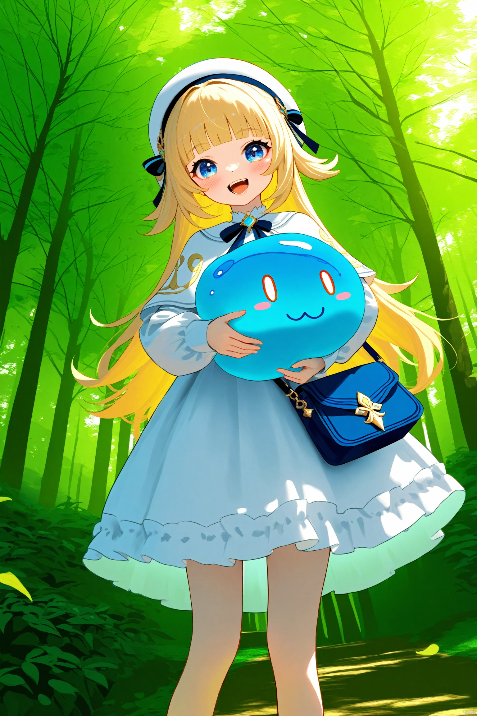 masterpiece,best quality,high quality,(colorful),loli,nai3 Style, 1girl, outdoors, long hair, blonde hair, blue eyes, smile, looking at viewer, dress, white dress, hat, open mouth, bag, nature, white headwear, slime (creature), tree, solo, blush, long sleeves, capelet, forest, day, holding, slime (genshin impact), :d, beret, blunt bangs, leaf, jewelry, shoulder bag, teeth, standing