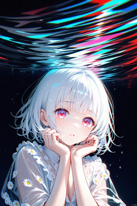 (masterpiece),(best quality),illustration,ultra detailed,hdr,Depth of field,(colorful),(chromatic aberration),(beautiful young female:1.4),(streaming tears),sad,(daisy),(daisy),(daisy),looking at viewer,partially submerged,both hands on own cheek,{see-through long shirt},{no bra},(white hair, short hair, bangs:1.2),(glowing eyes),ripples,dark water,black background,(prismatic), , , , , 