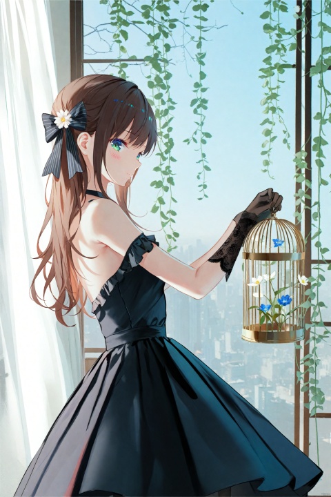 masterpiece,best quality,high quality,(colorful),[Artist toosaka asagi],[[[Artist wlop]]],[Artist chen bin],[Artist omone hokoma agm],Artist hiten (hitenkei),1girl, solo, gloves, dress, long hair, flower, black gloves, blush, window, looking to the side, looking at viewer, bare shoulders, black dress, brown hair, birdcage, detached sleeves, closed mouth, blue flower, cage, bow, blue eyes, indoors, puffy sleeves, from side, hair bow, white flower, puffy short sleeves, short sleeves, breasts, plant, strapless, strapless dress, black bow, hands up, small breasts, pleated dress, green eyes, frills