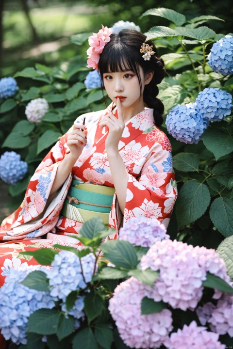  masterpiece,best quality,Realism,depth of field,lens_flare,loli,1girl, flower, solo, black hair, hair ornament, japanese clothes, hair flower, kimono, hydrangea, blurry, finger to mouth, floral print, looking to the side, depth of field, wide sleeves, animal print, pink flower, sash, realistic, leaf, black eyes, long sleeves, makeup, obi, red lips, blurry foreground, print kimono, blurry background, lipstick, lips, braid, sitting, long hair, nail polish, blunt bangs, brown eyes, closed mouth, bird print