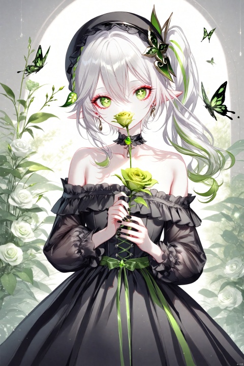 (masterpiece),(best quality),illustration,ultra detailed,hdr,Depth of field,(colorful),[pottsness],[iumu],[Sheya],Artist taya oco,1girl,black flower,black rose,rose,nahida (genshin impact),solo,green eyes,flower,pointy ears,butterfly,side ponytail,holding,bug,black nails,dress,holding flower,white hair,looking at viewer,long hair,jewelry,hair ornament,alternate costume,hair between eyes,green hair,symbol-shaped pupils,frills,black dress,choker,hairband,green nails,nail polish,black choker,bare shoulders,upper body,collarbone,multicolored hair,off shoulder,earrings,off-shoulder dress,lolita fashion,covered mouth,white rose,green flower,gem,long sleeves,black headwear,cross-shaped pupils,