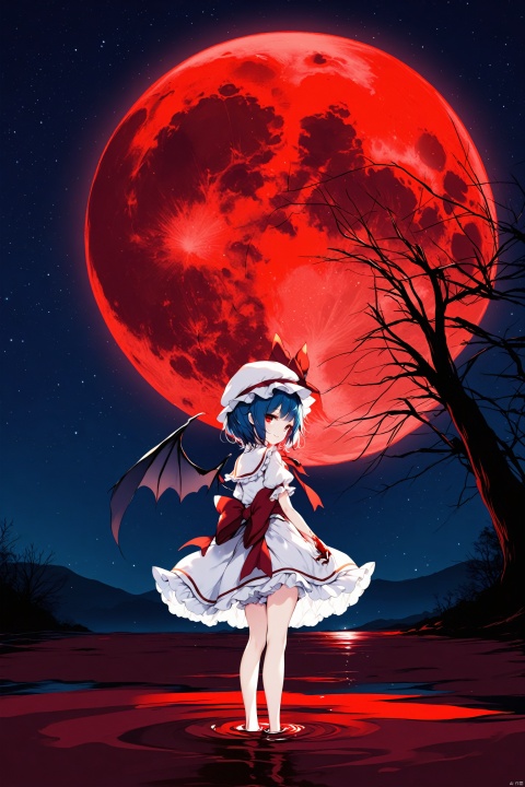 (masterpiece), (best quality),2023 Era,illustration, ultra detailed, hdr, Depth of field, (colorful), loli,1girl, ke-ta, ascot, bare tree, barefoot, bat wings, best quality, blood, blood on hands, bloomers, blue hair, frills, from behind, full body, full moon, hat, hat ribbon, looking at viewer, looking back, mob cap, moon, night, night sky, outdoors, pool of blood, puffy short sleeves, puffy sleeves, red eyes, red moon, red ribbon, remilia scarlet, ribbon, sash, shirt, short hair, short sleeves, skirt, skirt set, sky, smile, solo, standing, standing on liquid, star (sky), starry sky, tree, underwear, water, white bloomers, white skirt, wings