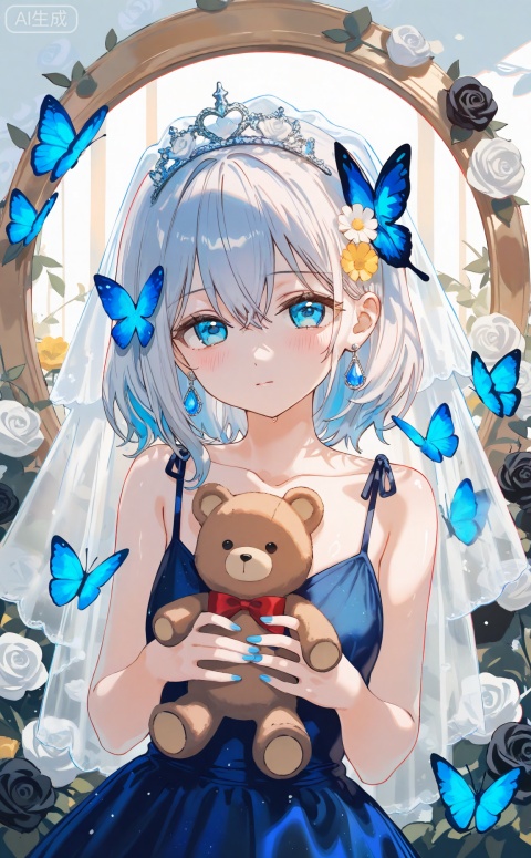 masterpiece,highres,absurdres,newest,best quality,high quality,chromatic_aberration,shiny_skin,
//,
1girl, stuffed_toy, stuffed_animal, flower, teddy_bear, butterfly, dress, blue_eyes, solo, bug, jewelry, veil, blue_butterfly, rose, hair_ornament, black_flower, blue_dress, black_rose, white_rose, blue_nails, holding_stuffed_toy, hair_flower, earrings, holding, white_flower, closed_mouth, medium_hair, crown, floral_background, collarbone, looking_at_viewer, hair_between_eyes, blue_gemstone, butterfly_hair_ornament, nail_polish, white_hair, gem, grey_hair, brooch, long_hair, bridal_veil, blush, yellow_flower
//,
(ciloranko:0.9),(wanke:0.5),(umehara_sei:1.2),(shiina_1001:0.8),(chiu538:0.7),(sakura_(39ra):0.6),(qizhu:0.88),(mikisai:0.5),kinako_(shiratama_mochi),