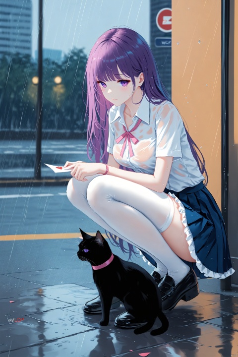 (masterpiece), (best quality), illustration, ultra detailed, hdr, Depth of field, (colorful),[wlop],[[sheya]],hiten_(hitenkei),cat, 1girl, shirt, thighhighs, skirt, breasts, long hair, squatting, white shirt, purple eyes, solo, black cat, white thighhighs, shoes, bag, black footwear, looking at viewer, ribbon, loafers, school bag, collared shirt, school uniform, short sleeves, holding, outdoors, cleavage, neck ribbon, wet shirt, wet, see-through, letter, medium breasts, love letter, frills, blush, dress shirt, animal, wet clothes, blue skirt, purple hair, pleated skirt, miniskirt, pink ribbon, rain, very long hair, closed mouth, copyright name, large breasts, frilled skirt, full body
