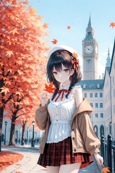 (masterpiece), (best quality), illustration, ultra detailed, hdr, Depth of field, (colorful),[Artist:wlop],[[Artist:sheya]],Artist:hiten_(hitenkei),1girl, solo, holding leaf, animal ears, long hair, holding, braid, outdoors, hat, autumn leaves, leaf, twin braids, skirt, looking at viewer, white headwear, breasts, off shoulder, clock tower, long sleeves, brown jacket, white dress, bow, maple leaf, beret, brown eyes, dress, day, bare shoulders, hair between eyes, ribbon, autumn, medium breasts, open clothes, blurry, clock, plaid, tree, bell, jacket, hair ornament, cowboy shot, red skirt, blurry background, blush, building, closed mouth, open jacket, plaid skirt, frills, sleeveless, hair bow, red ribbon, hair ribbon