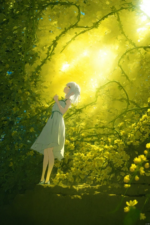 (masterpiece),(best quality),illustration,ultra detailed,hdr,Depth of field,(colorful),loli,yellow theme,the setting sun,Chamomile,Chamomile,cornflower,vines,forest,ruins,lens flare,hdr,Tyndall effect,damp,wet,1girl,bare shoulders,broken glass,broken wall,white hair,white dress,closed mouth,constel lation,flat color,braid,white robe,float,closed mouth,constel lation,flat color,looking up,standing,medium hair,standing,solo,