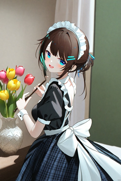 masterpiece,best quality,high quality,(colorful),[Artist chen bin],[Artist omone hokoma agm],1girl, solo, maid headdress, maid, holding, long hair, blue eyes, flower, indoors, looking at viewer, hair ornament, smile, brown hair, short sleeves, blush, open mouth, plaid, dress, tulip, apron, looking back, black dress, cup, puffy short sleeves, pink flower, puffy sleeves, vase, skirt, :d, plaid skirt, wrist cuffs, maid apron, breasts, ribbon, frills, hairclip, white apron