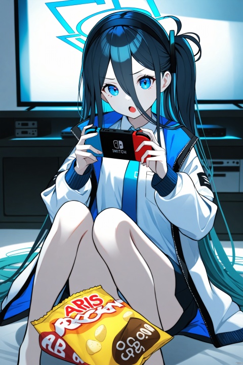 (masterpiece), (best quality), illustration, ultra detailed, hdr, Depth of field, (colorful),[iumu],[[omone hokoma agm]],1girl, aris (blue archive), bag of chips, bangs, best quality, black hair, black hairband, blue eyes, blue hair, blue necktie, chips (food), collared shirt, controller, dark blue hair, food, game console, game controller, hair between eyes, hairband, halo, handheld game console, holding, holding controller, indoors, jacket, knees up, long hair, long sleeves, looking at viewer, midori (blue archive), momoi (blue archive), necktie, nintendo switch, one side up, open clothes, open mouth, playing games, potato chips, shirt, sitting, solo, television, v-shaped eyebrows, very long hair, white shirt