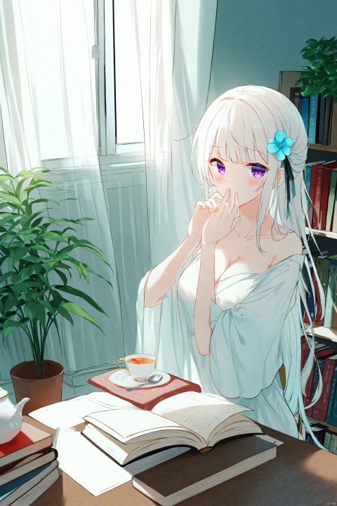 masterpiece,best quality,high quality,(colorful),[Artist chen bin],[Artist omone hokoma agm],Artist hiten (hitenkei),1girl, book, indoors, solo, cup, long hair, teacup, window, sitting, purple eyes, holding, blush, curtains, chair, looking at viewer, breasts, bookshelf, dress, cleavage, white dress, saucer, flower, plant, table, teapot, hair ornament, holding book, potted plant, tea, very long hair, white hair, open book, medium breasts, book stack, white shirt, hair flower, sunlight, collarbone, sidelocks, shirt, covering own mouth, day