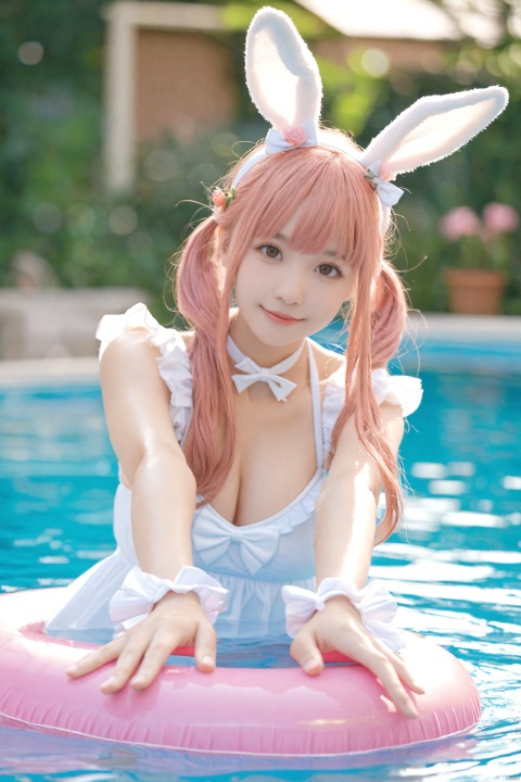  masterpiece,best quality,Realism,depth of field,lens_flare,loli,1girl, solo, animal ears, pink hair, rabbit ears, water, looking at viewer, innertube, swim ring, twintails, fake animal ears, smile, blurry, bow, brown eyes, breasts, swimsuit, blurry background, frills, partially submerged, cleavage, blunt bangs, long hair, closed mouth, flower, white bow, white choker, wrist cuffs, lips, hair bow, upper body, hair ornament, white dress, outstretched arms, pool, medium breasts, depth of field, dress, outdoors, drill hair, sidelocks, choker, wrist scrunchie